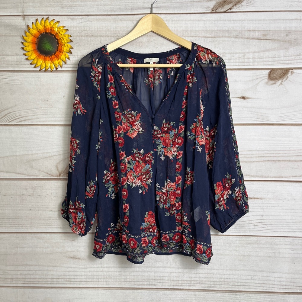 Joie Gloria 100% Silk Floral Blouse‎ Women's Small Sheer Top Peasant